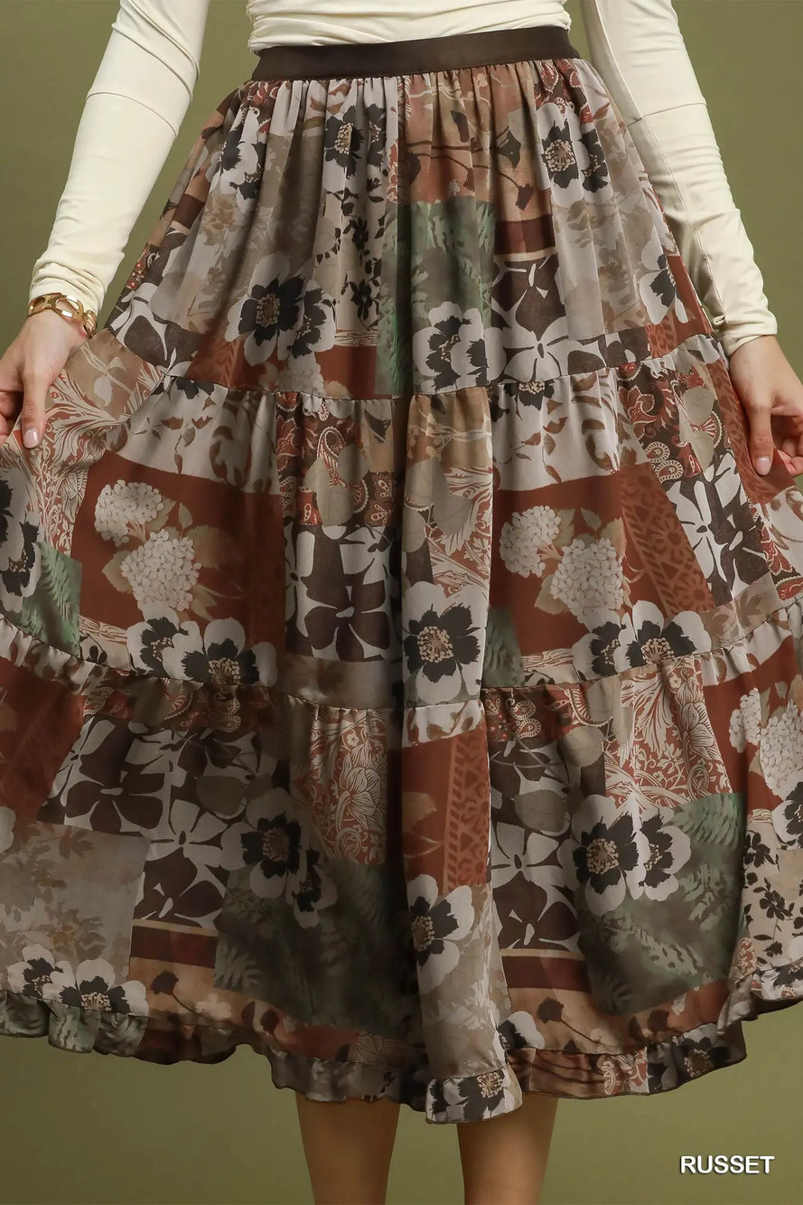 C6945 | Umgee Patchwork Floral Print Tiered Skirt | Russet | Sizes S-L